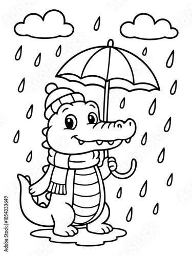Cozy Alligator in the Rain: An adorable alligator embraces the wet weather, shielding itself with an umbrella while wearing a cozy hat and scarf, all set under a stormy sky.