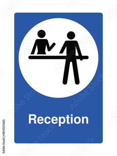 Reception Icon with Desk and Attendant Symbol for Hotels, Offices, and Event Venues with Explanation – High Quality Vectorial Stock Image