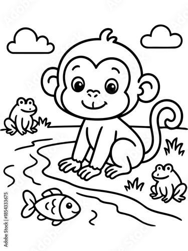 Playful Monkey and Friends: A cheerful illustration showcases a smiling monkey, surrounded by a whimsical scene with a fish, two frogs, and fluffy clouds, evoking a sense of joy and childlike wonder.