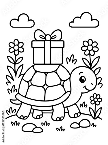 Gift-bearing turtle in a floral paradise: A cheerful turtle confidently carries a wrapped gift, strolling through a garden of delightful flowers and soft clouds in a playful scene.