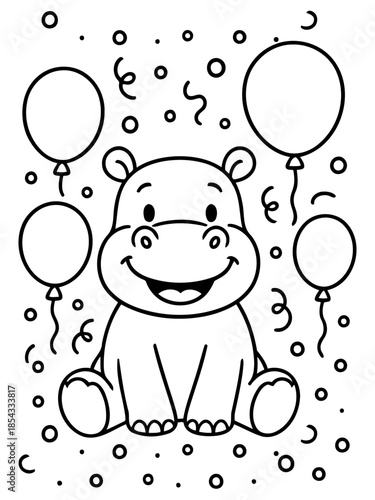 Smiling Hippo with Balloons: A cute cartoon hippo sits happily amidst balloons and confetti, creating a joyful, festive atmosphere.