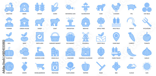 Farming Icon Set. Containing Tractor, Barn, Wheat, Corn, Watering Can, Scarecrow, Cow, Chicken, Pig, Hay Bale, Farmer Icon. Lineal Blue Style