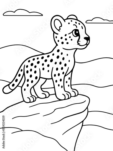 Young Cheetah's Lookout: A playful young cheetah, adorned with distinctive spots, stands confidently atop a rocky perch, gazing out at the vast expanse.