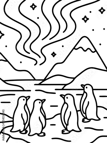 Aurora Wonders: Witness the celestial dance of the Aurora Borealis illuminate the winter night sky above a group of penguins, creating a captivating scene of natural beauty and wonder.
