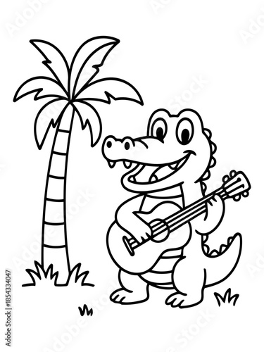 Musical Alligator's Serenade: A cheerful alligator strums a guitar beneath a palm tree, radiating joy through his performance. A whimsical depiction capturing musical enjoyment.