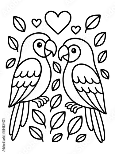 Lovely Parrots in Love: Two charming parrots share a loving gaze, nestled amidst a heart and delicate leaves, celebrating a bond of affection and companionship.