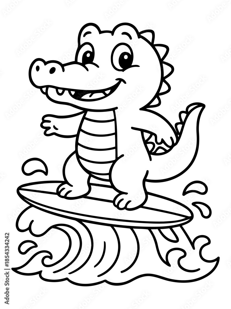 Fototapeta premium Cool Gator's Surfing Adventure: An adorable, cartoon alligator rides the waves on a surfboard, embodying the joy of surfing and the carefree spirit of summer.