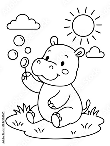 Bubbles of Joy: A charming illustration depicts a friendly hippo blowing bubbles under a sunny sky, filled with an air of innocence and playful delight.