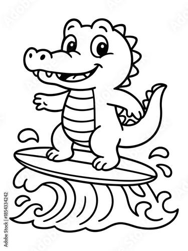 Cool Gator's Surfing Adventure: An adorable, cartoon alligator rides the waves on a surfboard, embodying the joy of surfing and the carefree spirit of summer.