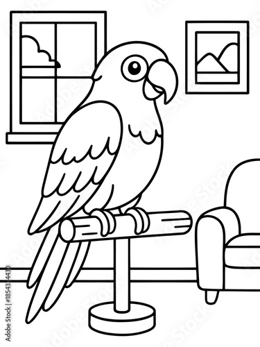 Whimsical Parrot in a Room: A charming, outlined illustration of a parrot perches in a cozy, interior room with a window, couch, and framed artwork, hinting at a comfortable habitat.