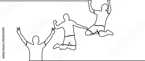 Continuous line drawing of soccer players celebrating a goal victory together