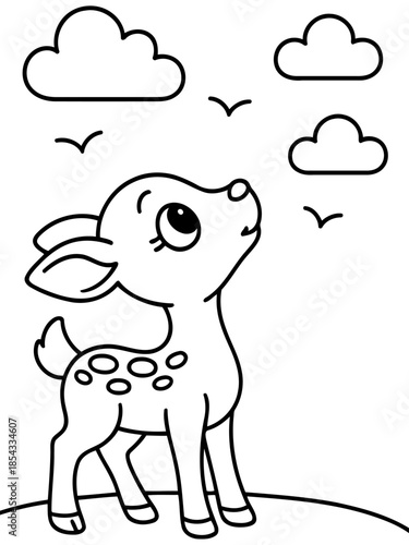 Enchanted Gaze: A captivating black and white line drawing of a charming fawn, with its innocent eyes fixed upon the open sky, framed by fluffy clouds.