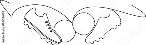 Continuous line art of two soccer cleats interacting with a ball in play