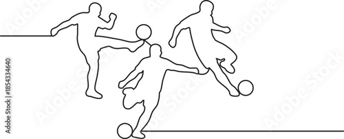 One line drawing showing three soccer players in dynamic action poses during a game