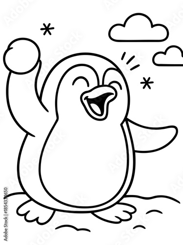 Penguin's Playful Moment: A joyous penguin, poised with a snowball in hand, radiating glee amidst a flurry of snowflakes and soft clouds. A cheerful cartoon illustration.