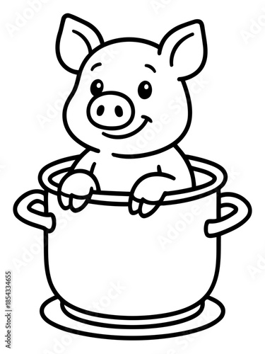 Pig in a Pot: A cheerful, cartoon-style pig finds itself playfully nestled within a cooking pot, offering a touch of whimsy and surprise. 