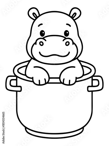 Hippo in pot: A delightful illustration showcases a smiling hippo playfully positioned within a cooking pot. An image of joy and lightheartedness.