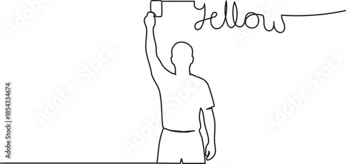 One line drawing of a soccer referee holding up a yellow card for a foul