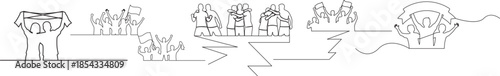 Collection of soccer fans and supporters celebrating in a continuous line art drawing style