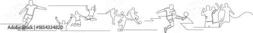 Continuous line drawing set of soccer players kicking balls and celebrating goals in sports