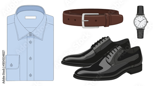 Stylish Men's Formal Wear Light Blue Shirt, Brown Belt, Black Shoes, and Watch