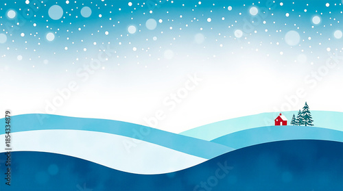 水彩風の幻想的な雪景色と北欧風の家がある風景素材