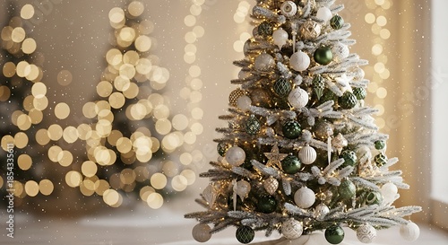 An elegant Christmas scene with the decorated tree positioned centrally, using a refined color palette of green, white, and gold ornaments, frosted baubles, snow-dusted pine branches, and soft warm 