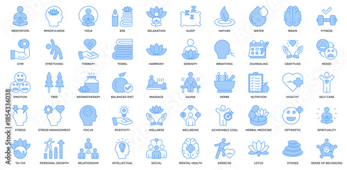 Wellness Icon Set. Containing Meditation, Mindfulness, Yoga, Spa, Relaxation, Sleep, Nature, Water, Brain, Fitness, Gym, Stretching, Therapy Icon. Lineal Blue Style
