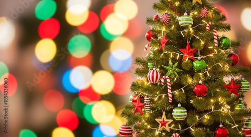 A cheerful Christmas scene with the decorated tree placed prominently in the foreground, filled with red, green, and candy cane–striped ornaments, playful stars, glossy baubles, and warm yellow fairy 