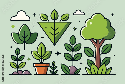 Various Green Plants and Tree Illustration with Minimalist Nature Elements
