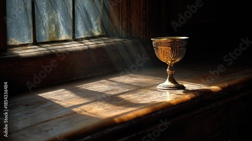 Ornate golden chalice illuminated by sunlight near a window
