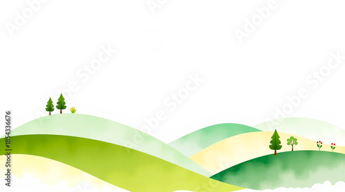 水彩風の新緑が美しい丘と木々の背景イラスト素材