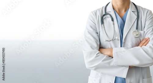 A minimalist medical banner showing only the torso of a healthcare professional wearing a lab coat and stethoscope, framed against a clean white and light gray background.