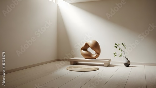 A minimalist interior design with a modern sculpture and natural elements illuminated by soft light
