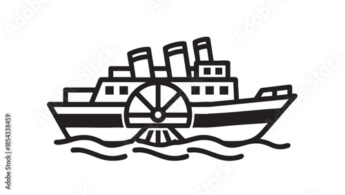 Vintage paddle steamer sailing on calm waters, side view, serene atmosphere