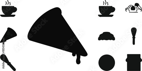 Various kitchen utensils and food items represented as black silhouettes against a white background