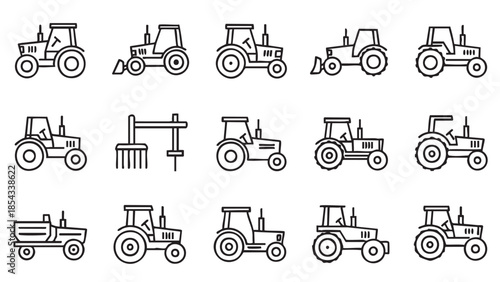 Various Tractors and Heavy Machinery Icons in Different Configurations and Views