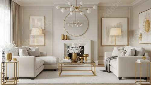 An elegant living room, meticulously designed with a blend of neutral tones, a cozy sofa, and stylish décor
