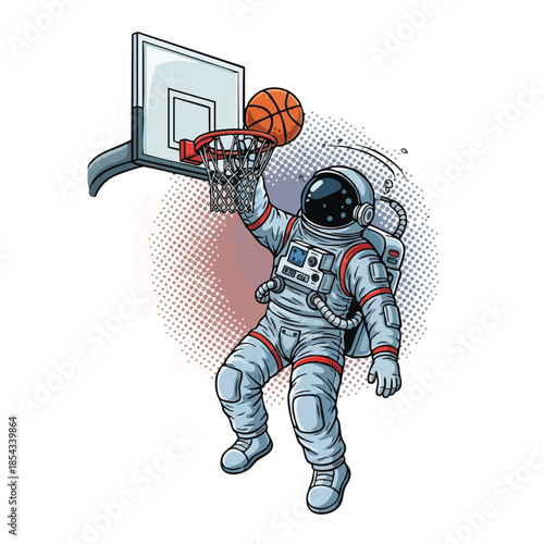 Astronaut Dunking Basketball in Space on a Hoop, Whimsical and Energetic Sports Illustration.