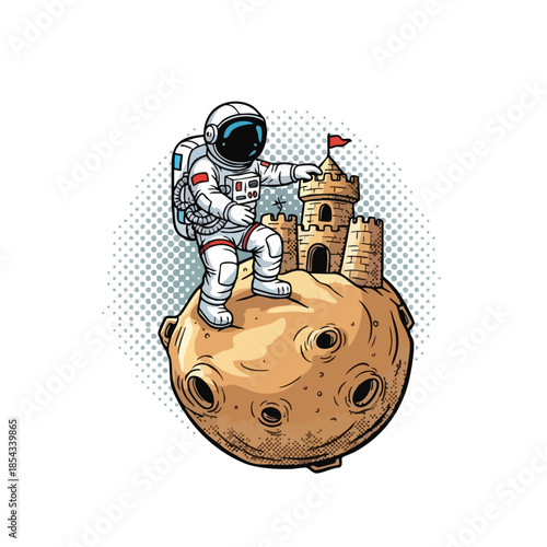 Astronaut Building a Sandcastle on a Moon Planet, Space Exploration and Imagination.