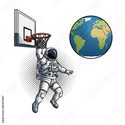 Astronaut dunking basketball towards Earth, concept of space exploration and global sports achievement.