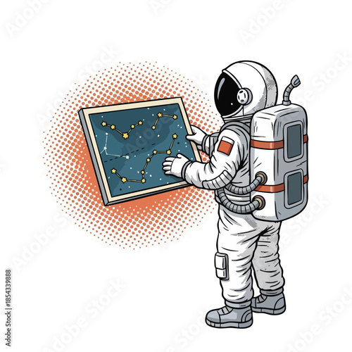 Astronaut exploring constellations in space with a star chart, symbolizing discovery and science.
