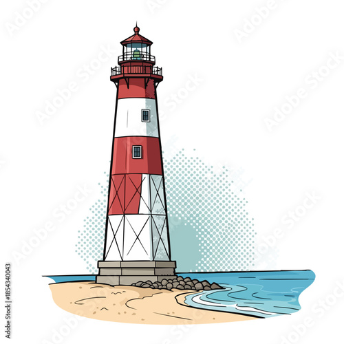 Cartoon Lighthouse Guiding Ships Safely to Shore on a Sandy Beach with Ocean Waves.