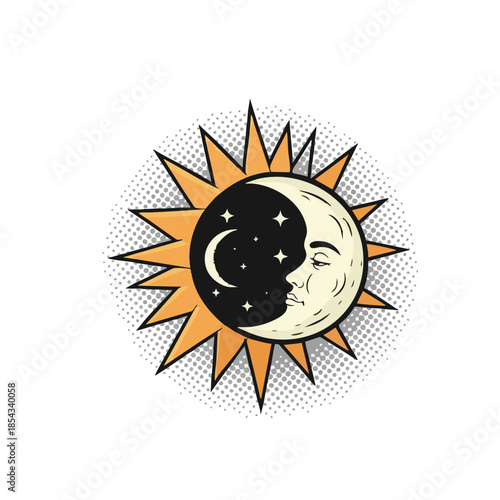 Celestial Duality: Sun and Moon Face with Stars in Retro Halftone Style.
