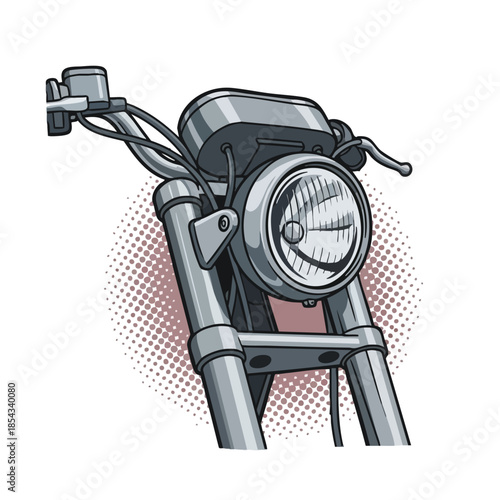 Classic Motorcycle Front End with Headlight and Handlebars Vector Illustration.
