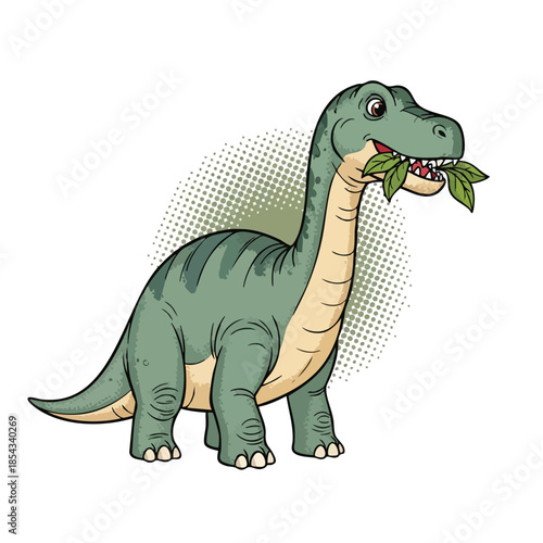Cute Cartoon Brontosaurus Eating Leaves, Ideal for Kids' Nature and Prehistoric Themes.