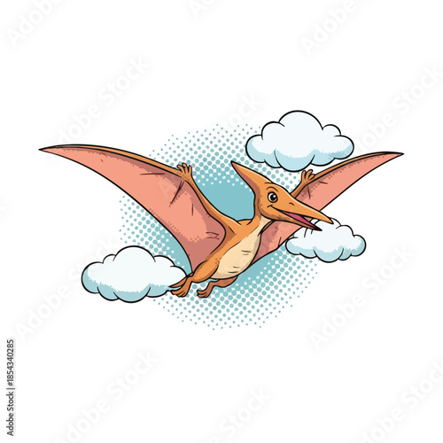 Cute Cartoon Pterodactyl Flying Among Clouds, Ideal for Children's Projects and Designs.
