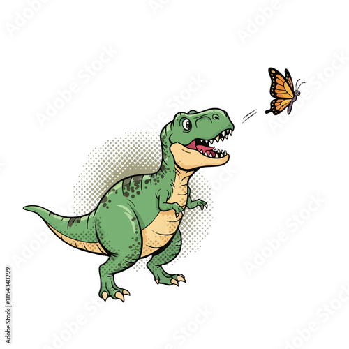 Cute Cartoon T-Rex Dinosaur Chasing a Butterfly - Whimsical Illustration.