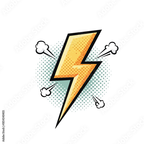 Dynamic Comic Book Style Lightning Bolt with Energy Burst and Smoke Emblems.