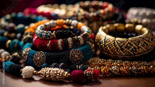 Close-up of a collection of colorful handcrafted bracelets and jewelry on display.